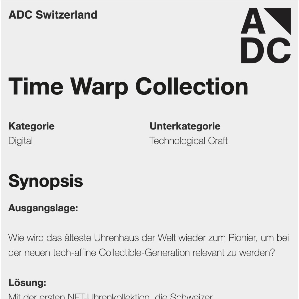 Time Warp Collection received an ADC Award on Digital Category
